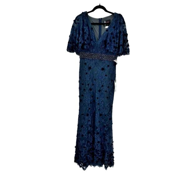 Mac Duggal 67712 Midnight Floral Appliqué Flutter Sleeve Lace Gown Size 10 NWT - Picture 6 of 12